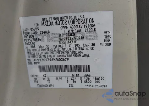 2006 Mazda Tribute I z USA, uszkodzony, nr VIN 4F2YZ02Z96KM02679